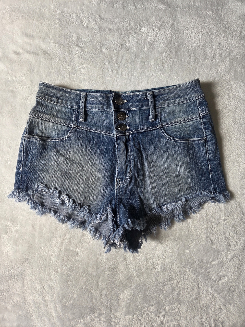 Hidden Jeans Sofie Distressed Denim Shorts High Waist 3-Button Fly Frayed